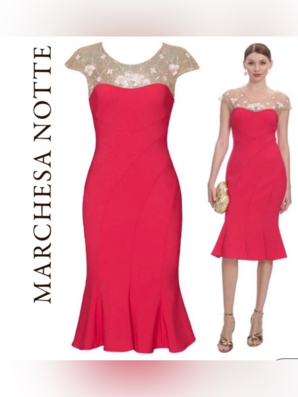 Embroidered Illusion Yoke Fuchsia Midi Dress